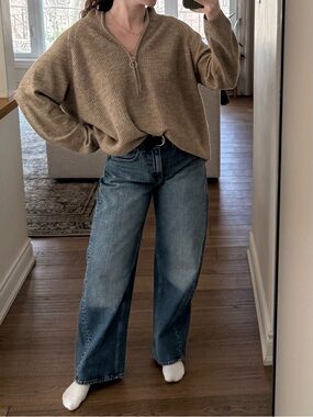 Reitmans Taupe Ribbed Half-Zip V-Neck Sweater